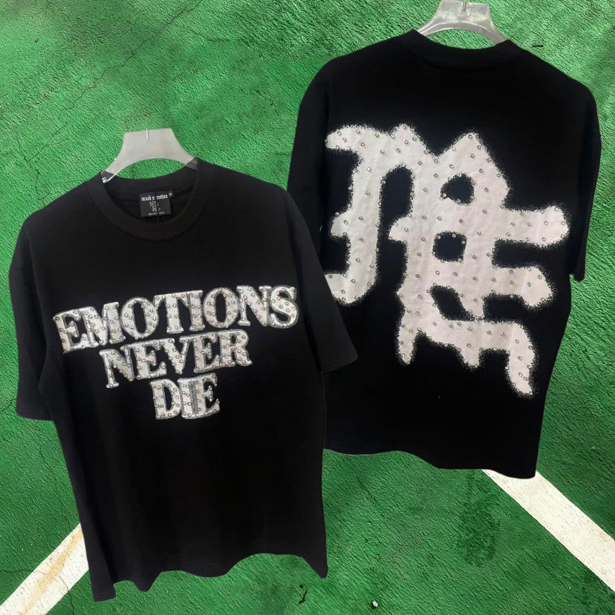 MIXED EMOTION Emotions Never Die Rhinestone Black T-Shirt