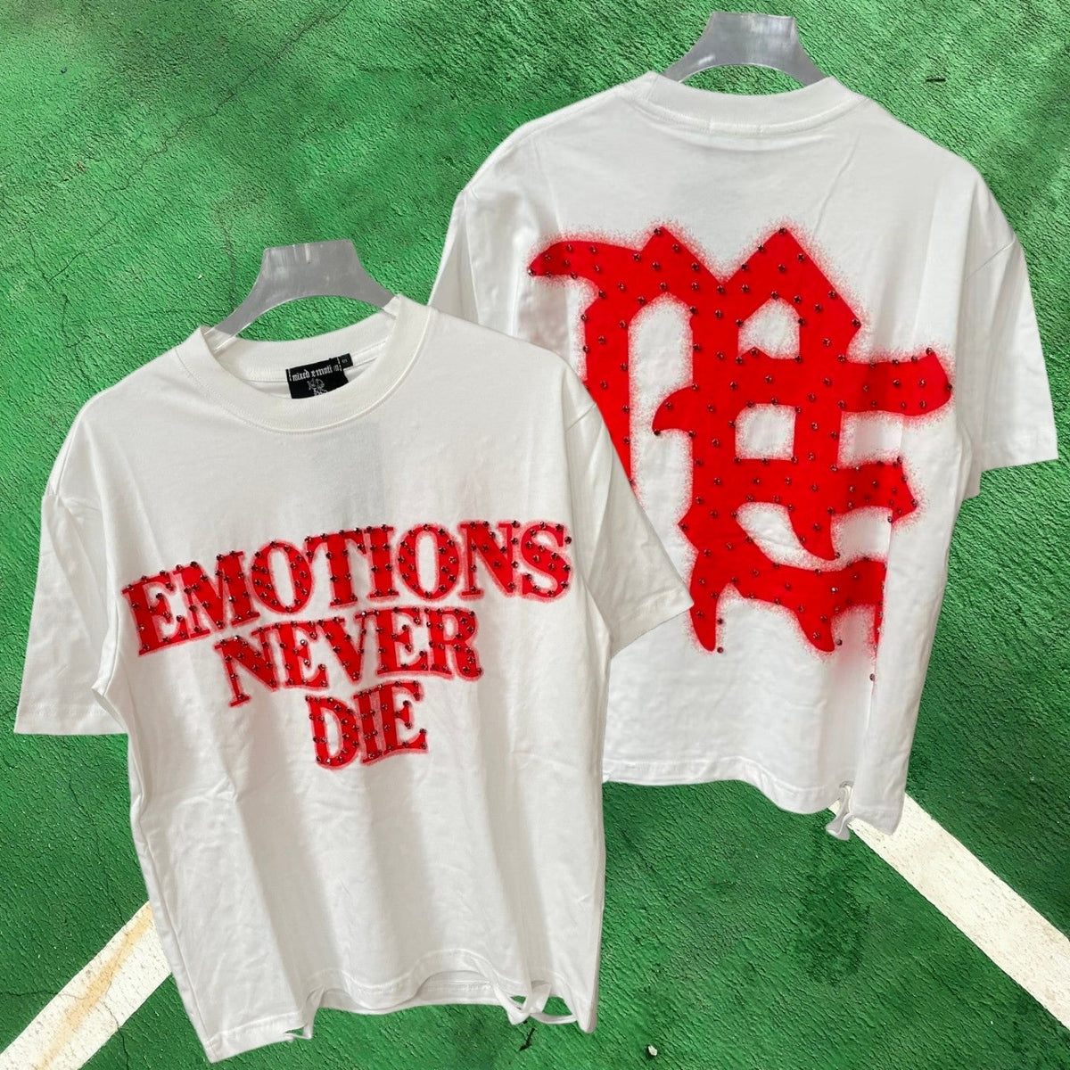 MIXED EMOTION White Red Studded Graphic T-Shirt